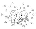 Coloring book for kids - smiling boy and girl joined hands on a background of hearts. Valentines day. 14 February. Black and white Royalty Free Stock Photo
